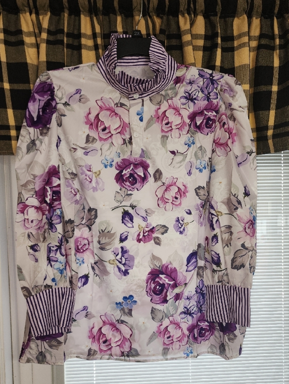 2x Floral Purple Stripe Collar Blouse 100 Polyester like Silk!